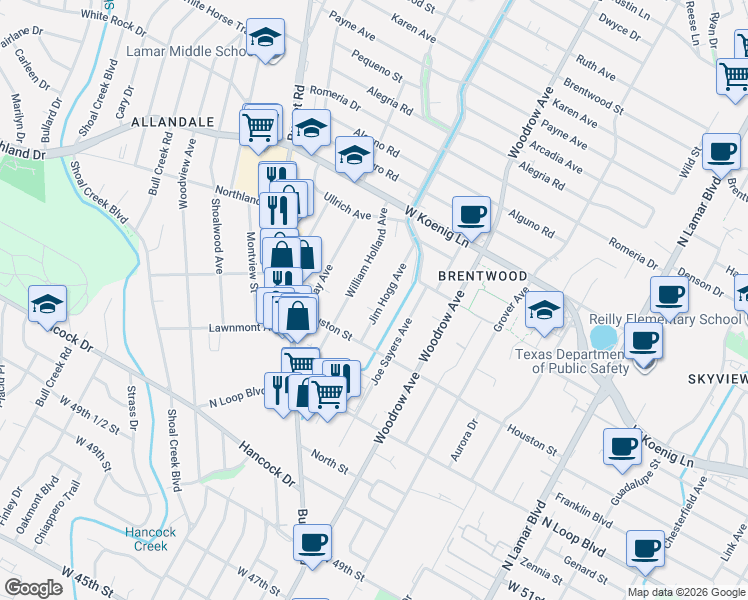 map of restaurants, bars, coffee shops, grocery stores, and more near 5504 Jim Hogg Avenue in Austin