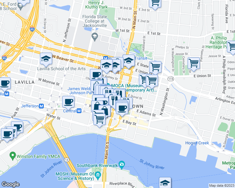 map of restaurants, bars, coffee shops, grocery stores, and more near 201 N Main St in Jacksonville