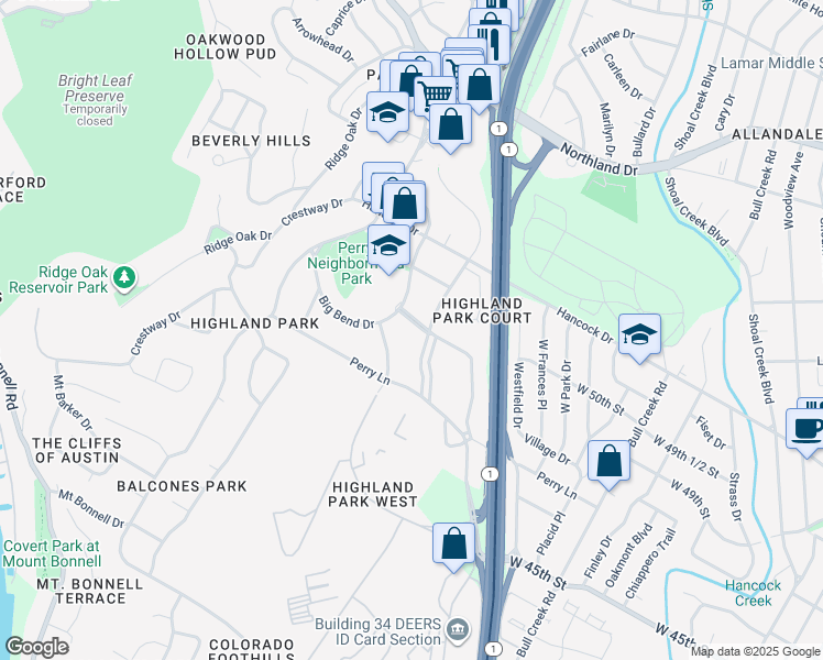 map of restaurants, bars, coffee shops, grocery stores, and more near 3203 Highland Terrace West in Austin