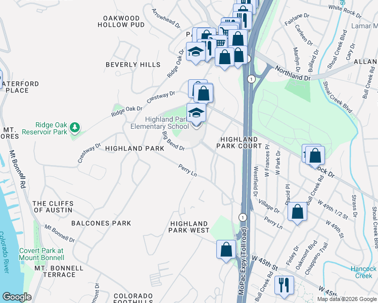 map of restaurants, bars, coffee shops, grocery stores, and more near 3301 Big Bend Drive in Austin