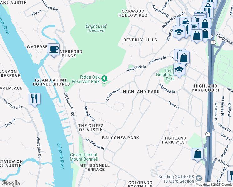 map of restaurants, bars, coffee shops, grocery stores, and more near 4510 Spanish Oak Trail in Austin