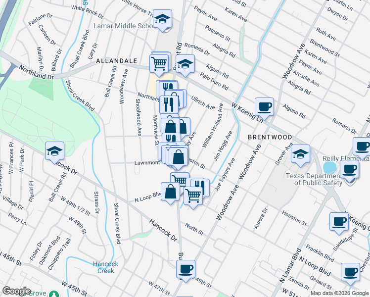 map of restaurants, bars, coffee shops, grocery stores, and more near 5504 Clay Avenue in Austin