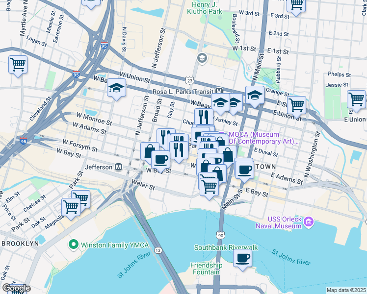 map of restaurants, bars, coffee shops, grocery stores, and more near 225 North Pearl Street in Jacksonville