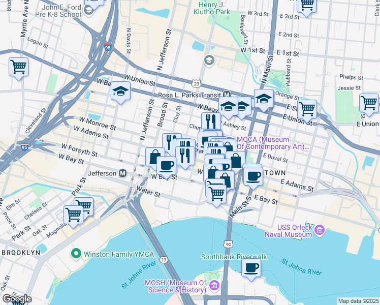 map of restaurants, bars, coffee shops, grocery stores, and more near 225 North Pearl Street in Jacksonville
