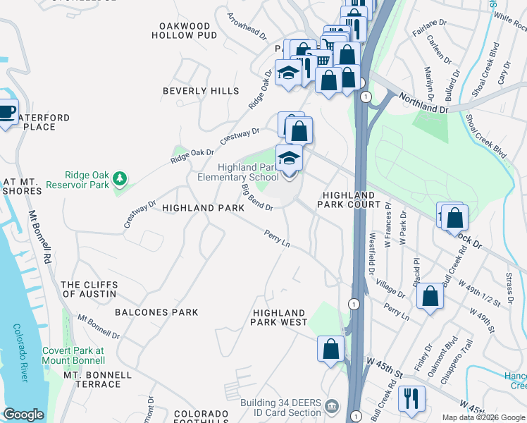 map of restaurants, bars, coffee shops, grocery stores, and more near 3307 Big Bend Drive in Austin