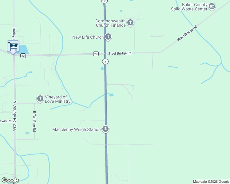 map of restaurants, bars, coffee shops, grocery stores, and more near 13791 Florida 121 in Macclenny