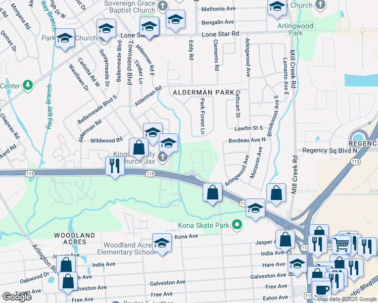 map of restaurants, bars, coffee shops, grocery stores, and more near 8209 Larose Road in Jacksonville