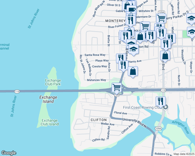 map of restaurants, bars, coffee shops, grocery stores, and more near 5416 Matanzas Way in Jacksonville