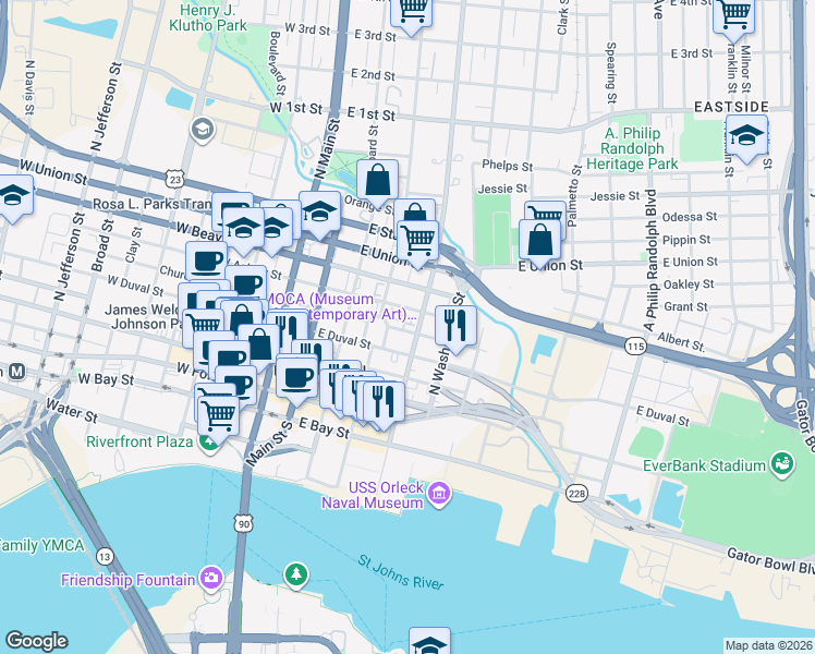 map of restaurants, bars, coffee shops, grocery stores, and more near 339 East Duval Street in Jacksonville