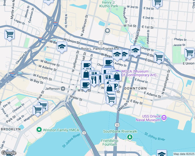 map of restaurants, bars, coffee shops, grocery stores, and more near 300 West Adams Street in Jacksonville