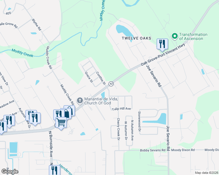 map of restaurants, bars, coffee shops, grocery stores, and more near 17530 Rosemont Drive in Prairieville