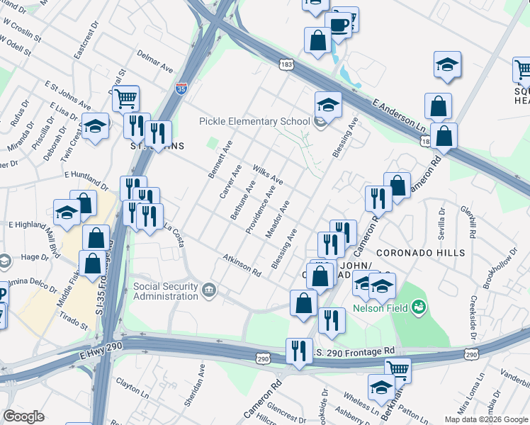 map of restaurants, bars, coffee shops, grocery stores, and more near 7103 Meador Avenue in Austin