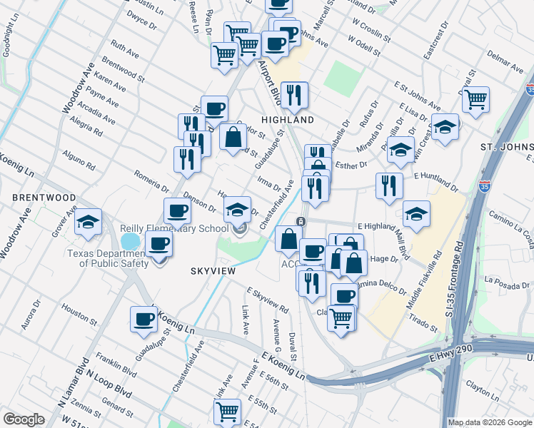 map of restaurants, bars, coffee shops, grocery stores, and more near 6209 Chesterfield Avenue in Austin