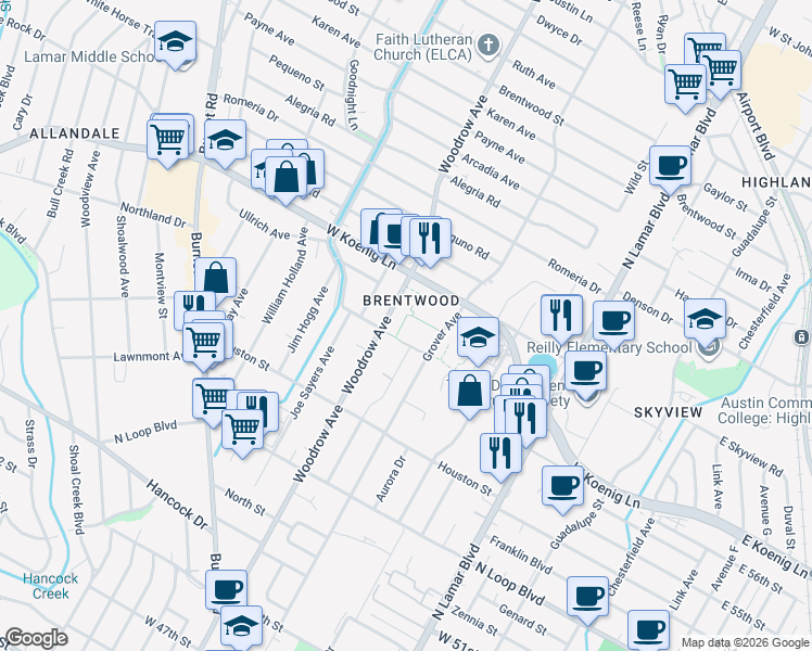 map of restaurants, bars, coffee shops, grocery stores, and more near in Austin
