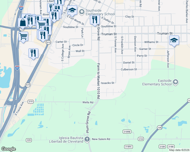 map of restaurants, bars, coffee shops, grocery stores, and more near 66 Farm to Market 1010 Road in Cleveland