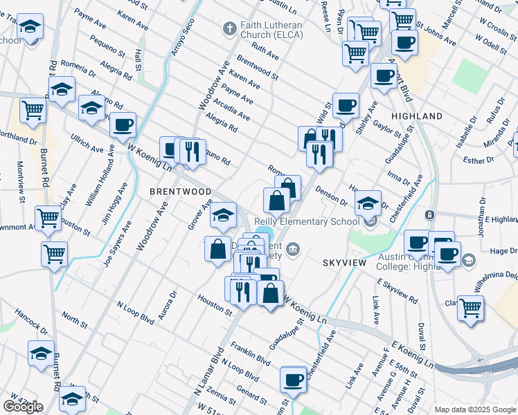 map of restaurants, bars, coffee shops, grocery stores, and more near 900 Old Koenig Lane in Austin
