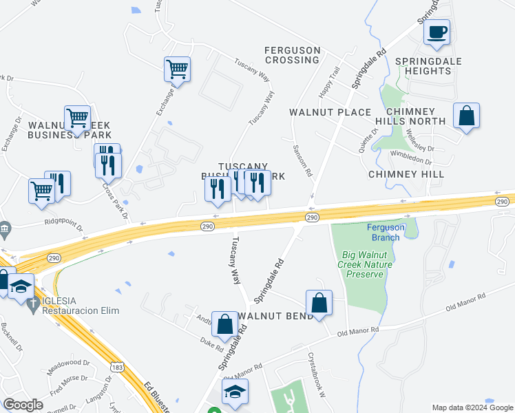 map of restaurants, bars, coffee shops, grocery stores, and more near 8780 U.S. 290 in Austin