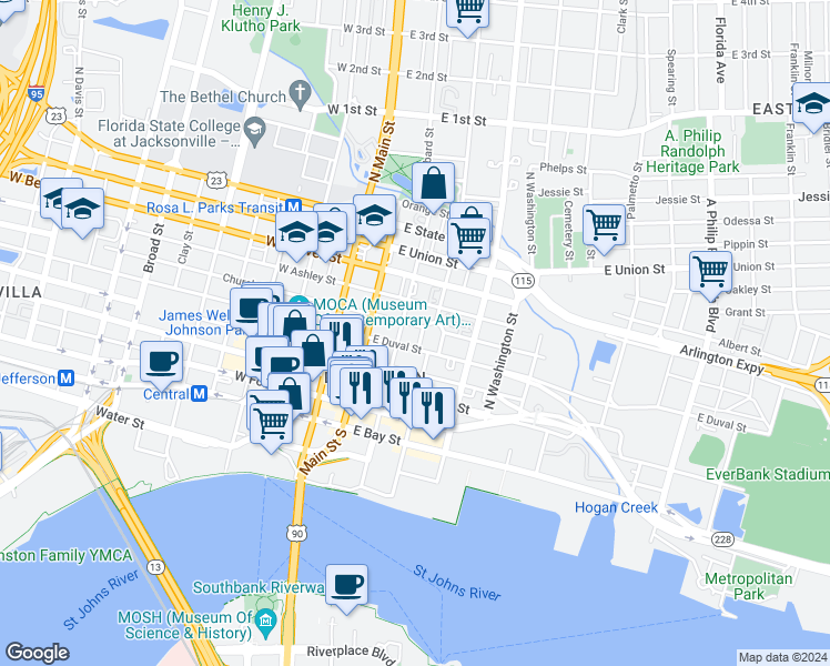 map of restaurants, bars, coffee shops, grocery stores, and more near 218 East Church Street in Jacksonville