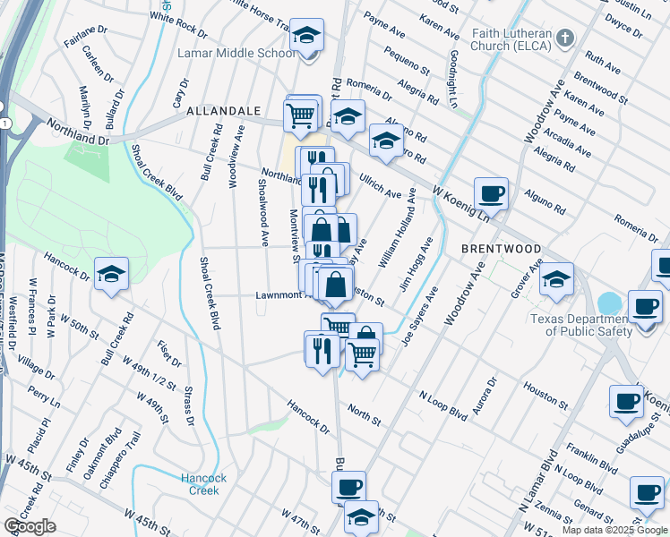 map of restaurants, bars, coffee shops, grocery stores, and more near 5400 Burnet Road in Austin