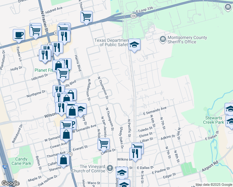 map of restaurants, bars, coffee shops, grocery stores, and more near 5 Hancock Street in Conroe