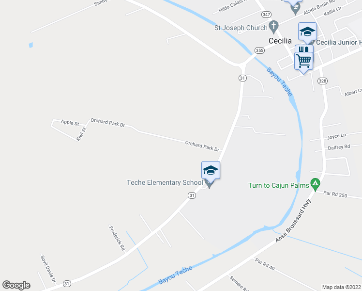 map of restaurants, bars, coffee shops, grocery stores, and more near 1043 Orchard Park Road in Breaux Bridge