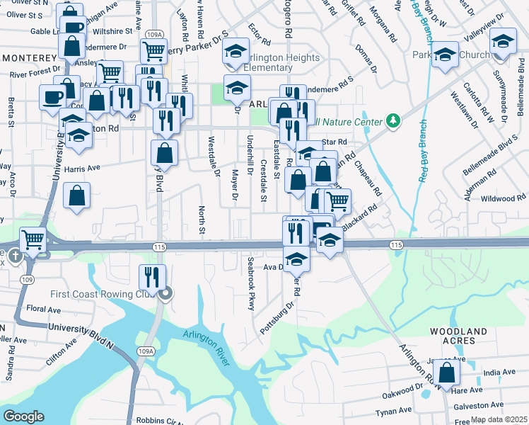 map of restaurants, bars, coffee shops, grocery stores, and more near 6501 Crestline Drive in Jacksonville