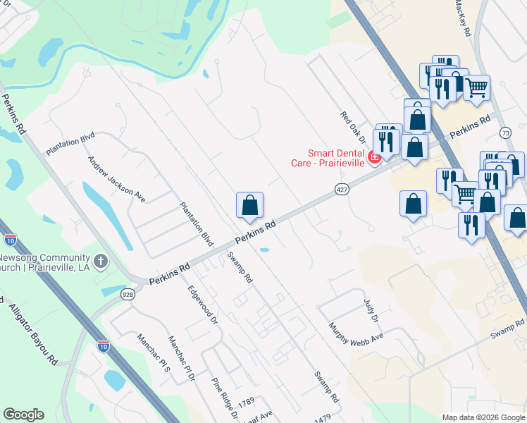 map of restaurants, bars, coffee shops, grocery stores, and more near 18386 Magnolia Estates in Prairieville