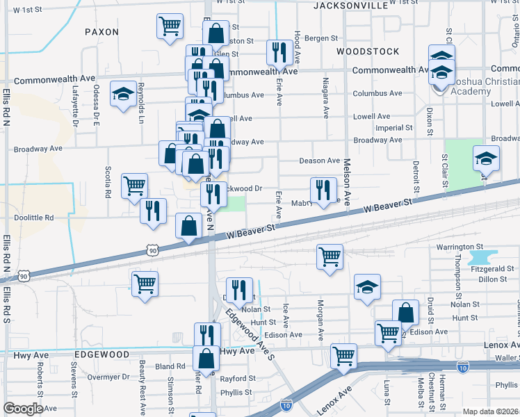 map of restaurants, bars, coffee shops, grocery stores, and more near 3451 West Beaver Street in Jacksonville