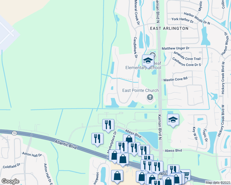 map of restaurants, bars, coffee shops, grocery stores, and more near 341 Candlebark Drive in Jacksonville