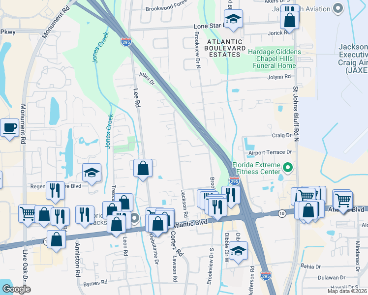 map of restaurants, bars, coffee shops, grocery stores, and more near 329 Jackson Road in Jacksonville