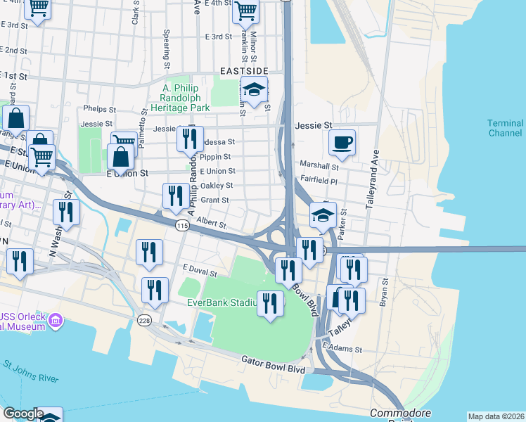 map of restaurants, bars, coffee shops, grocery stores, and more near 635 Bridier Street in Jacksonville