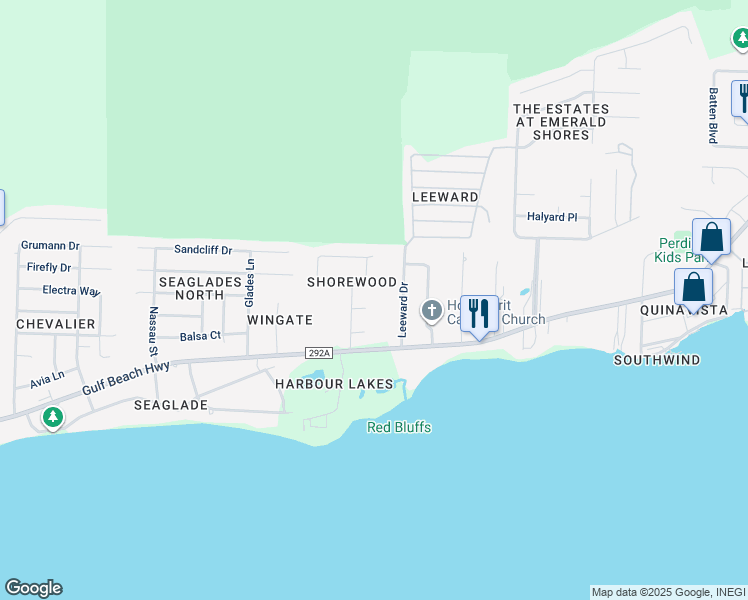 map of restaurants, bars, coffee shops, grocery stores, and more near 409 Shorewood Circle in Pensacola