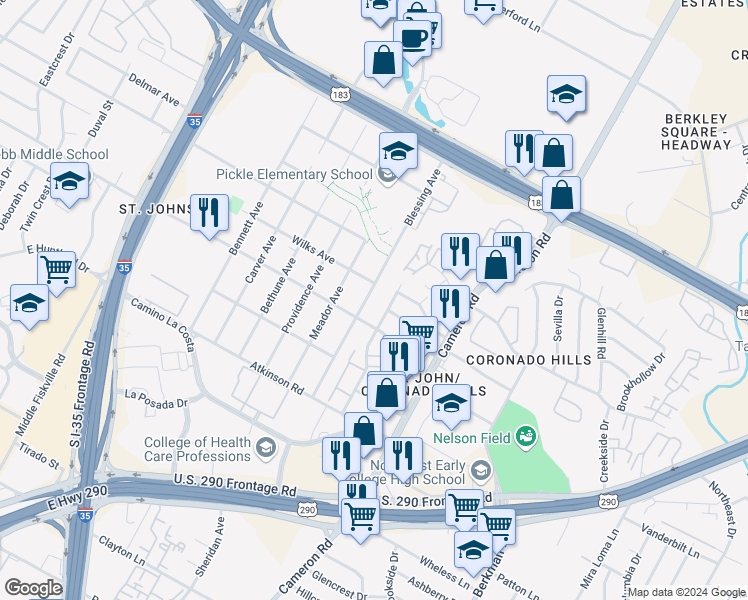 map of restaurants, bars, coffee shops, grocery stores, and more near 7201 Blessing Avenue in Austin
