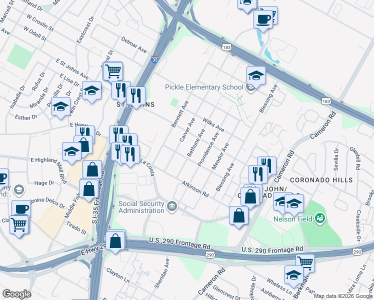 map of restaurants, bars, coffee shops, grocery stores, and more near 6920 Bethune Avenue in Austin