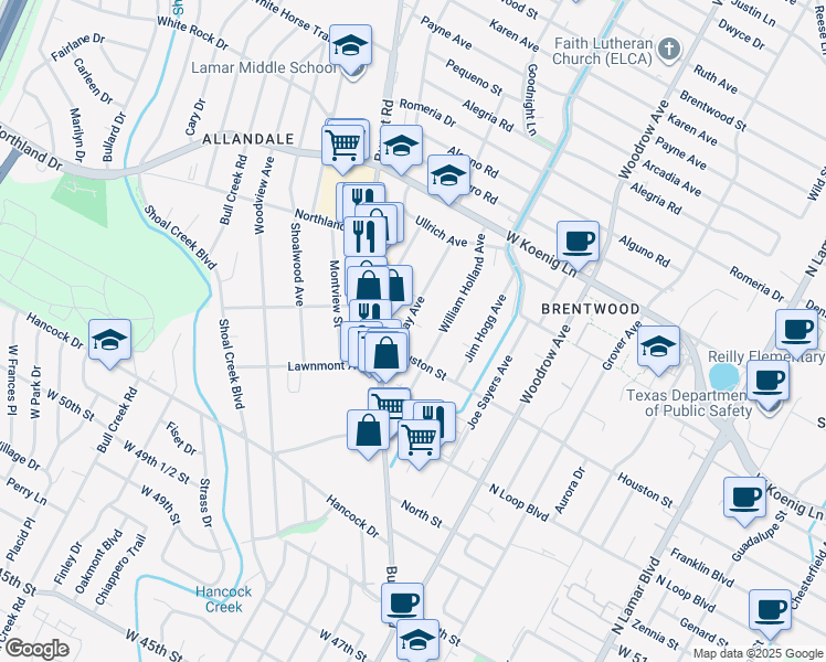 map of restaurants, bars, coffee shops, grocery stores, and more near 1704 Houston Street in Austin