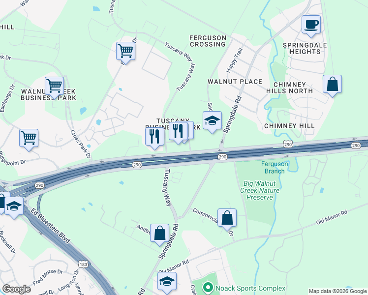 map of restaurants, bars, coffee shops, grocery stores, and more near U.S. 290 in Austin