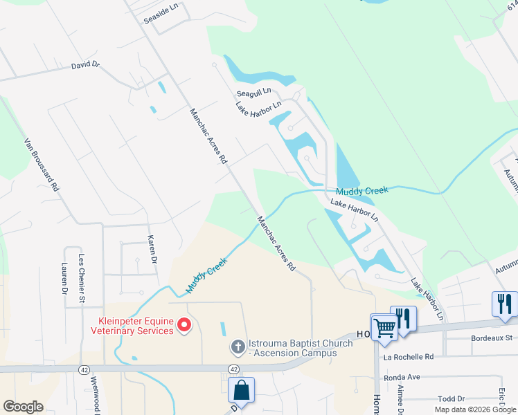 map of restaurants, bars, coffee shops, grocery stores, and more near 18168 Manchac Acres Road in Prairieville