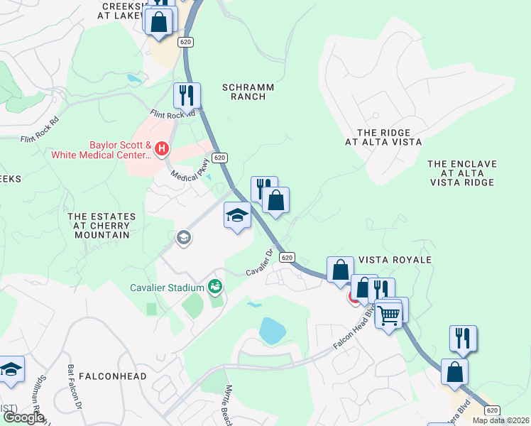 map of restaurants, bars, coffee shops, grocery stores, and more near 3265 Ranch Road 620 South in Lakeway