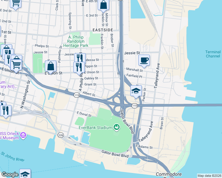map of restaurants, bars, coffee shops, grocery stores, and more near 635 Bridier Street in Jacksonville