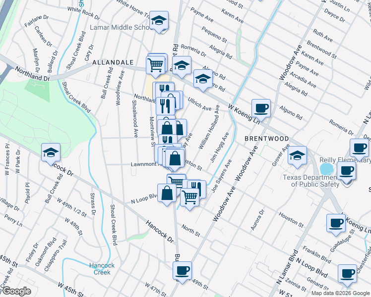 map of restaurants, bars, coffee shops, grocery stores, and more near 5507 Clay Avenue in Austin