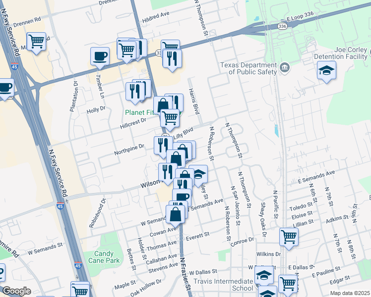 map of restaurants, bars, coffee shops, grocery stores, and more near 1712 North Frazier Street in Conroe