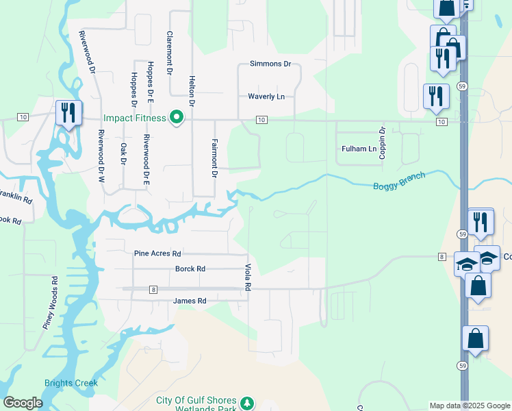 map of restaurants, bars, coffee shops, grocery stores, and more near 7200 Viola Road in Gulf Shores