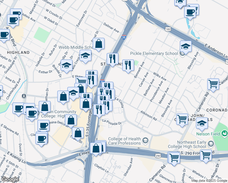 map of restaurants, bars, coffee shops, grocery stores, and more near 824 Camino La Costa in Austin