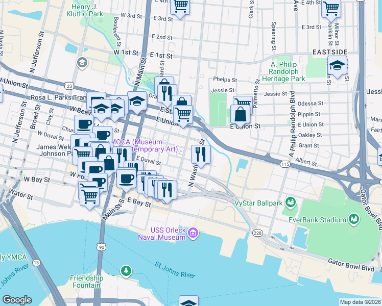 map of restaurants, bars, coffee shops, grocery stores, and more near 611 North Liberty Street in Jacksonville