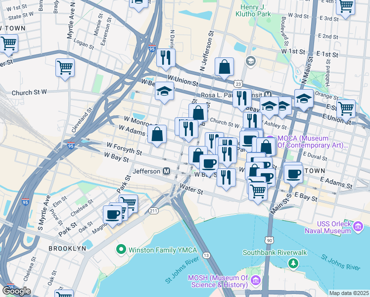 map of restaurants, bars, coffee shops, grocery stores, and more near in Jacksonville
