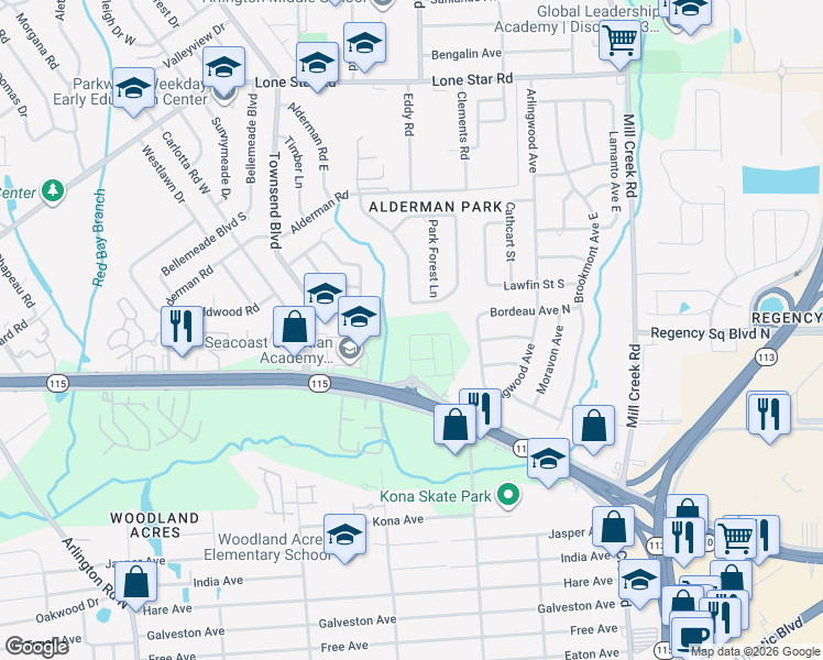 map of restaurants, bars, coffee shops, grocery stores, and more near 8114 South Parkridge Circle in Jacksonville