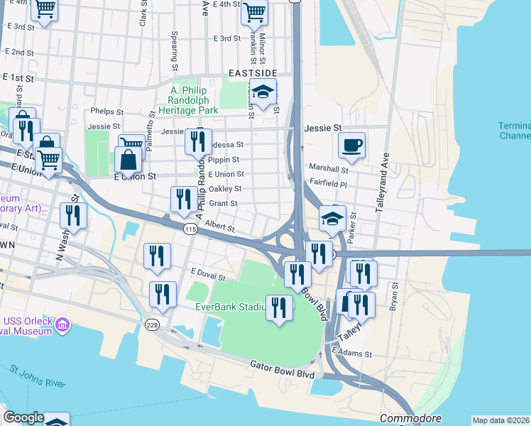 map of restaurants, bars, coffee shops, grocery stores, and more near 1201 Grant Street in Jacksonville