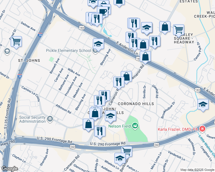 map of restaurants, bars, coffee shops, grocery stores, and more near 1304 Mckie Cove in Austin