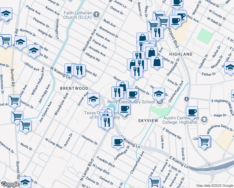 map of restaurants, bars, coffee shops, grocery stores, and more near 903 Romeria Drive in Austin