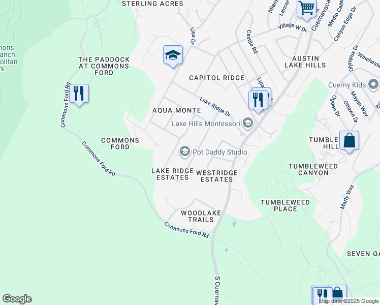 map of restaurants, bars, coffee shops, grocery stores, and more near 102 North Lake Hills Drive in Austin